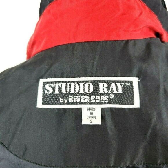 Vintage 80s 90s Black Red Studio Art Print Silk Track Jacket Windbreaker Sz S - Picture 7 of 9